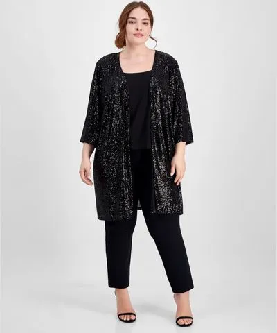 Alex Evenings Plus Size Collarless Open-Front Sequin Jacket