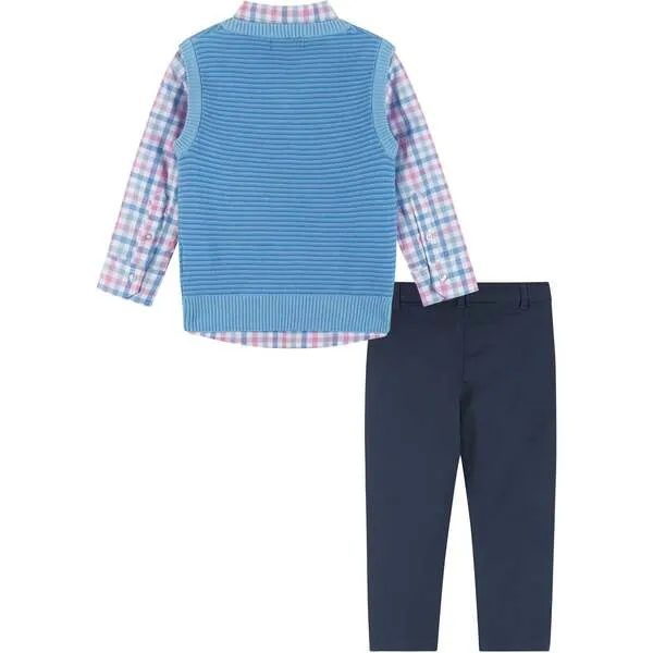 Andy & Evan Plaid Poplin and Sweater Vest Set, White and Blue