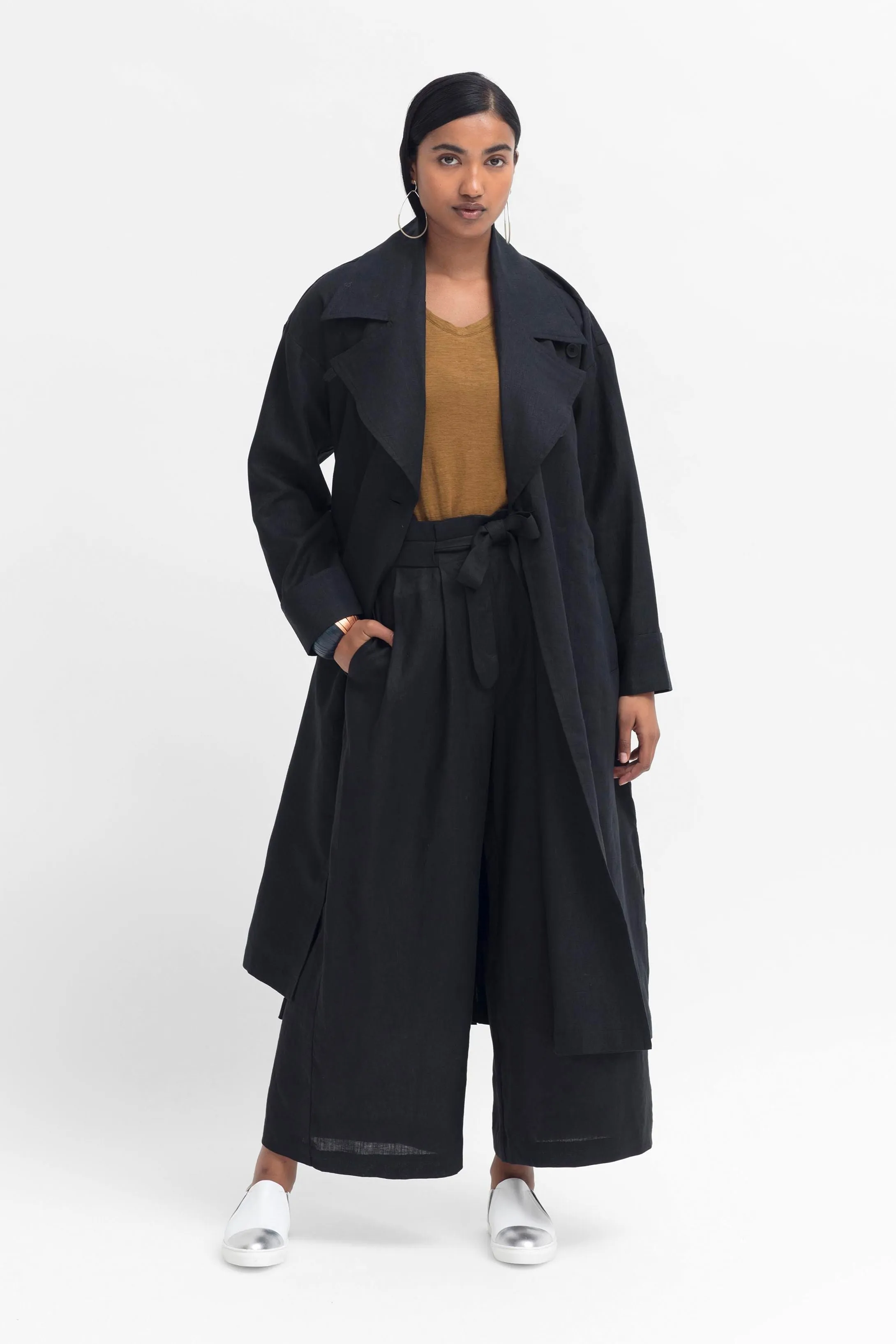 Anneli Linen Trench Coat - Black