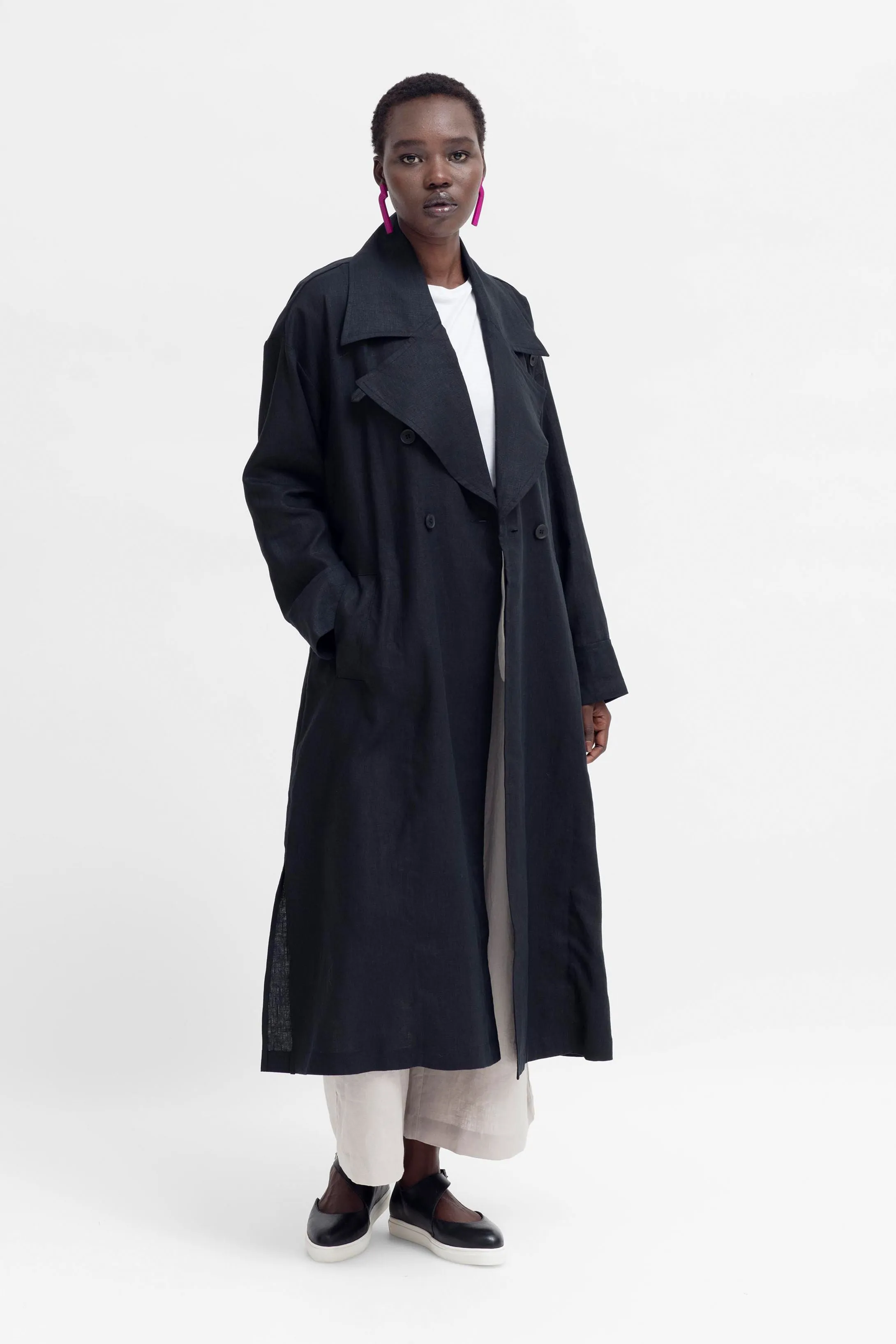 Anneli Linen Trench Coat - Black