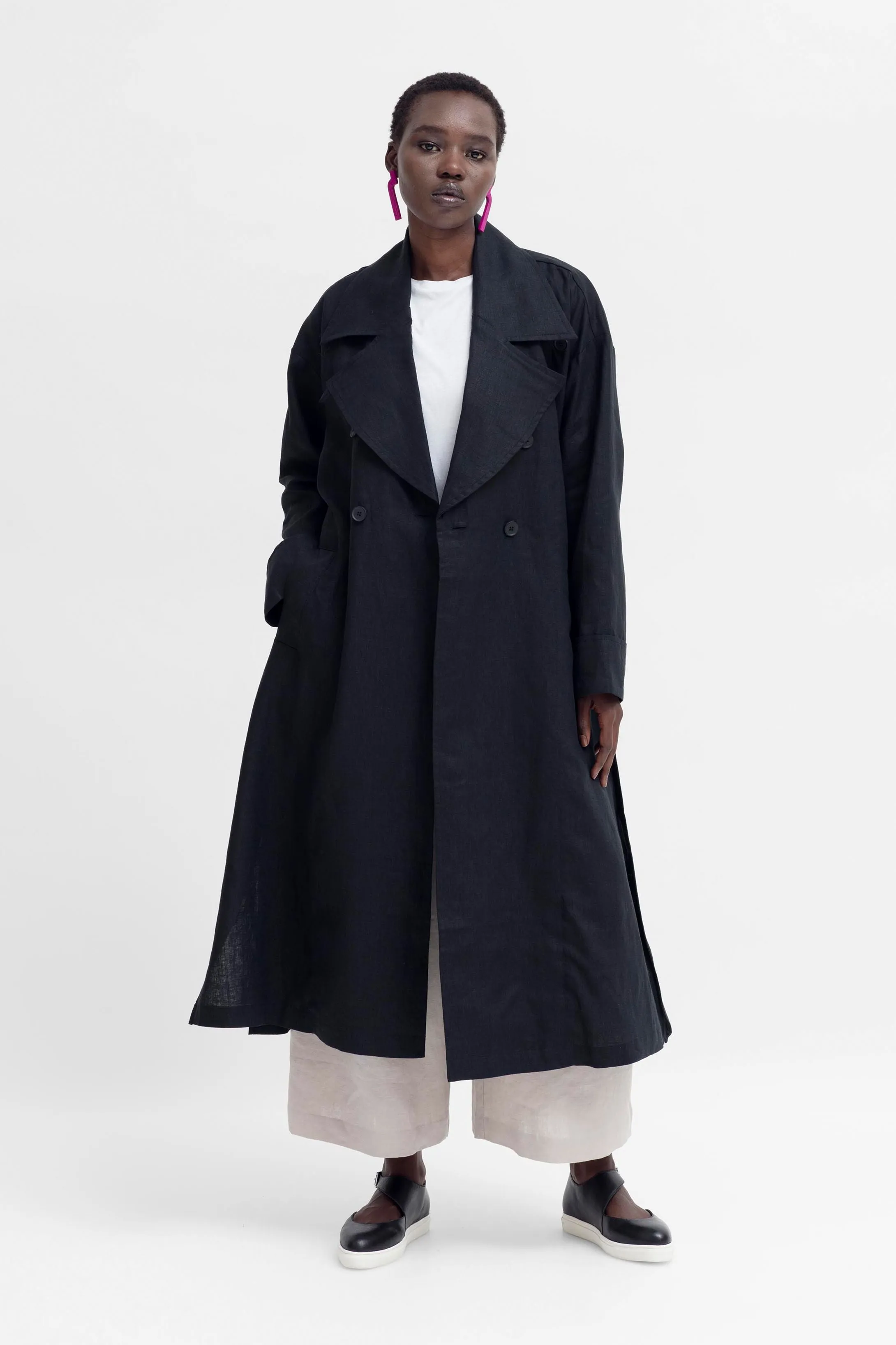 Anneli Linen Trench Coat - Black