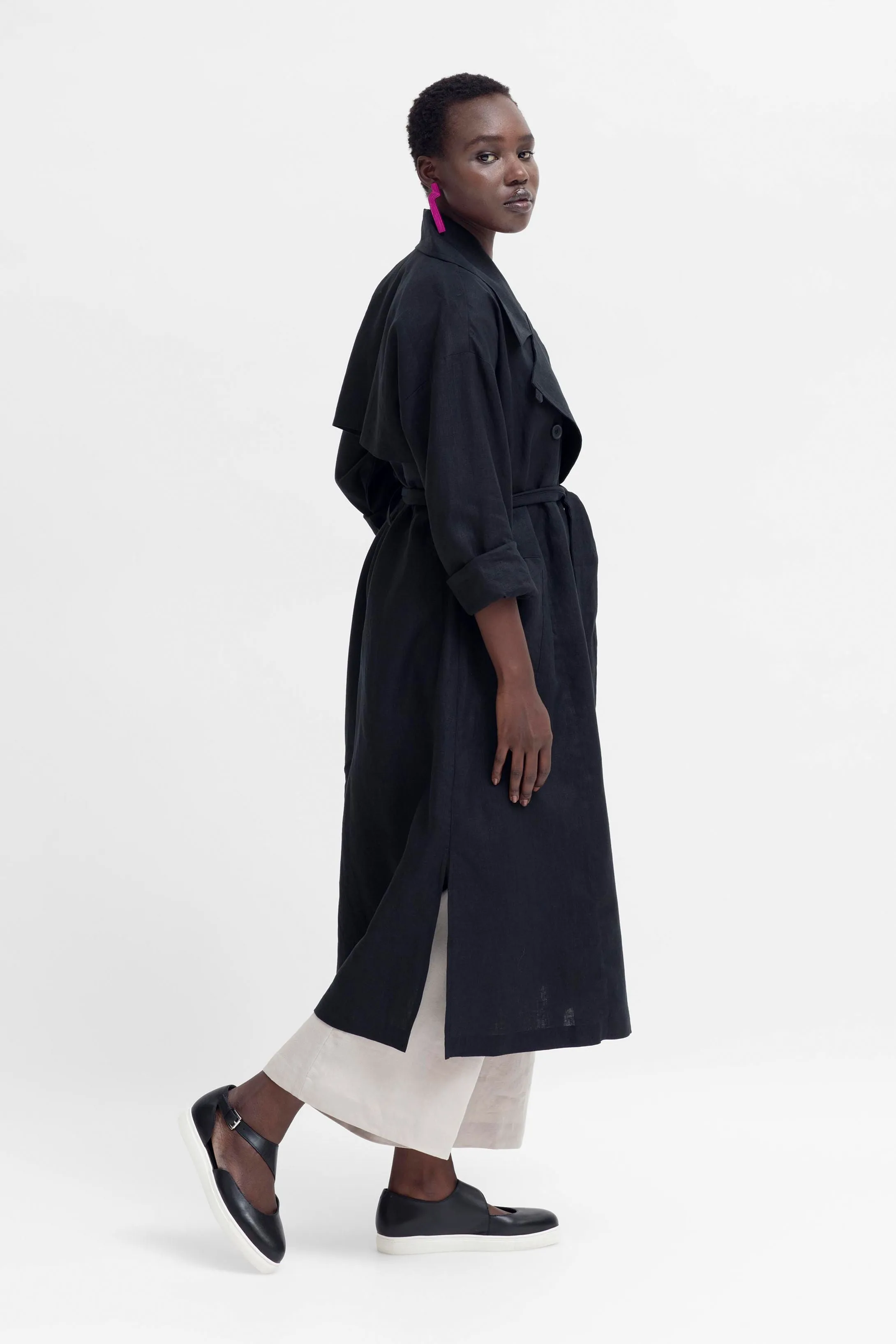 Anneli Linen Trench Coat - Black