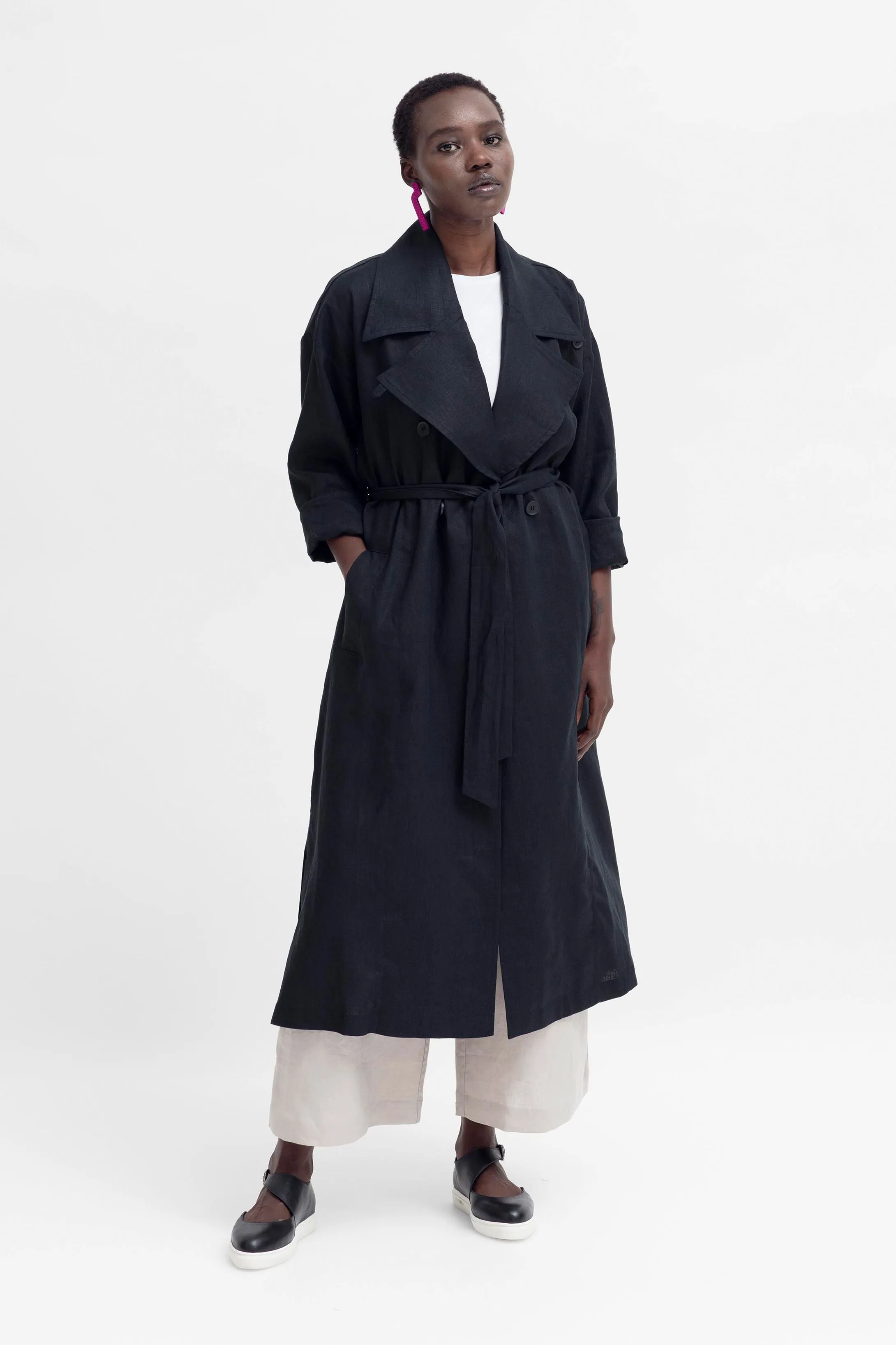 Anneli Linen Trench Coat - Black