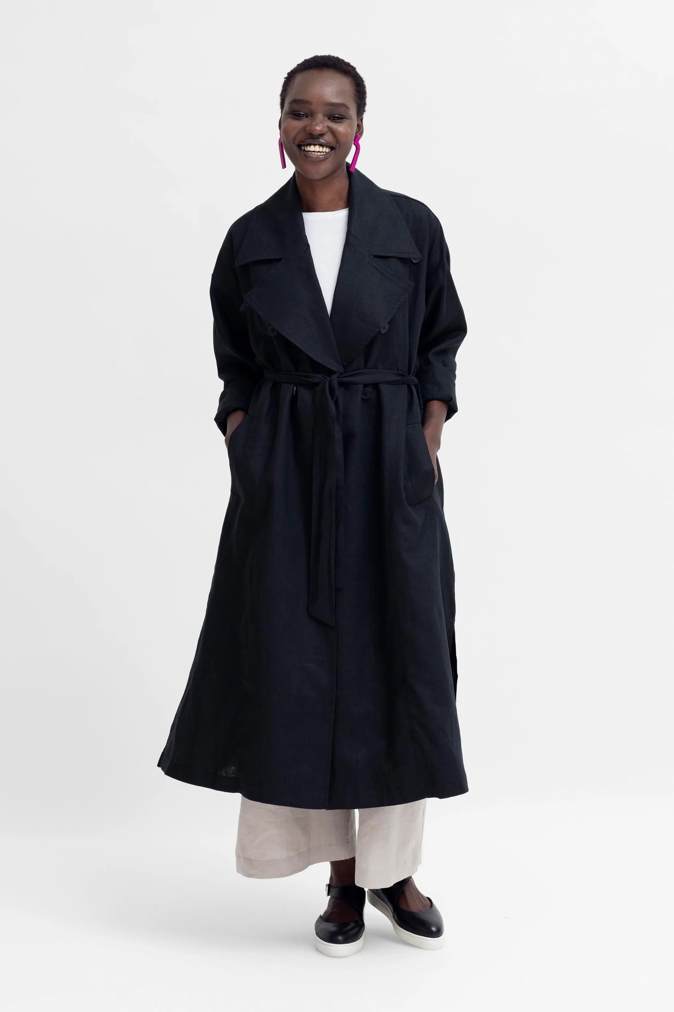 Anneli Linen Trench Coat - Black