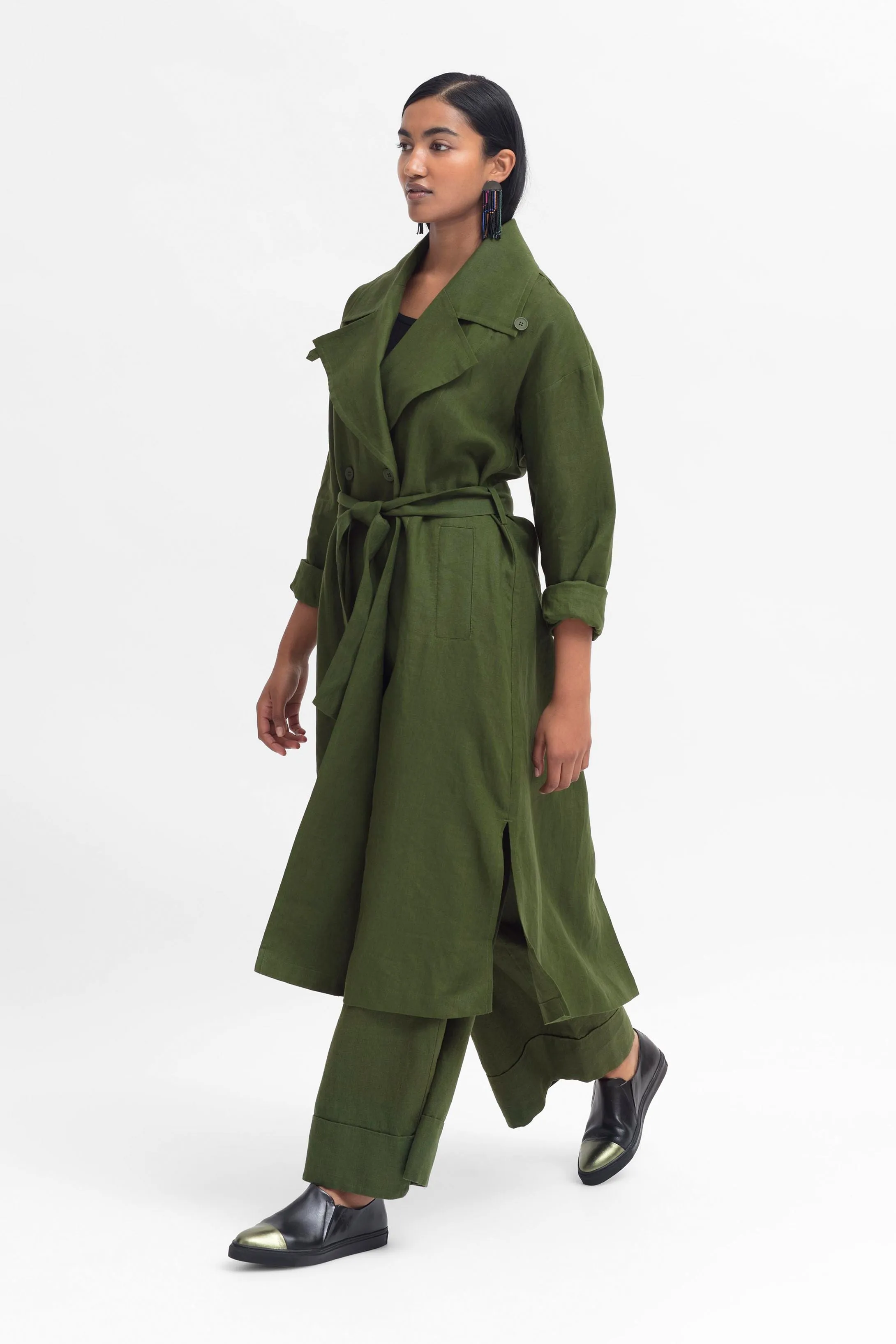 Anneli Linen Trench Coat - Olive