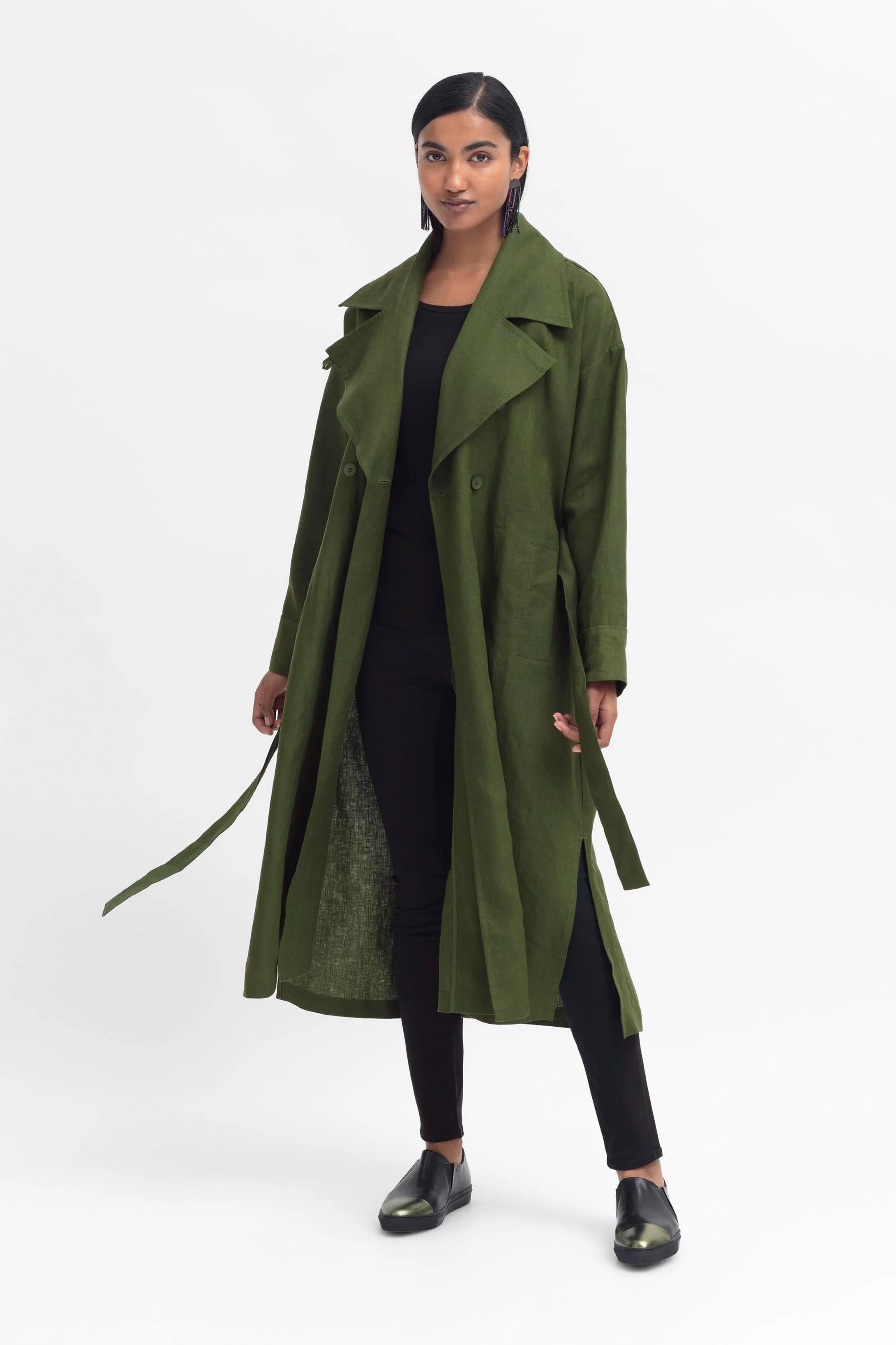 Anneli Linen Trench Coat - Olive