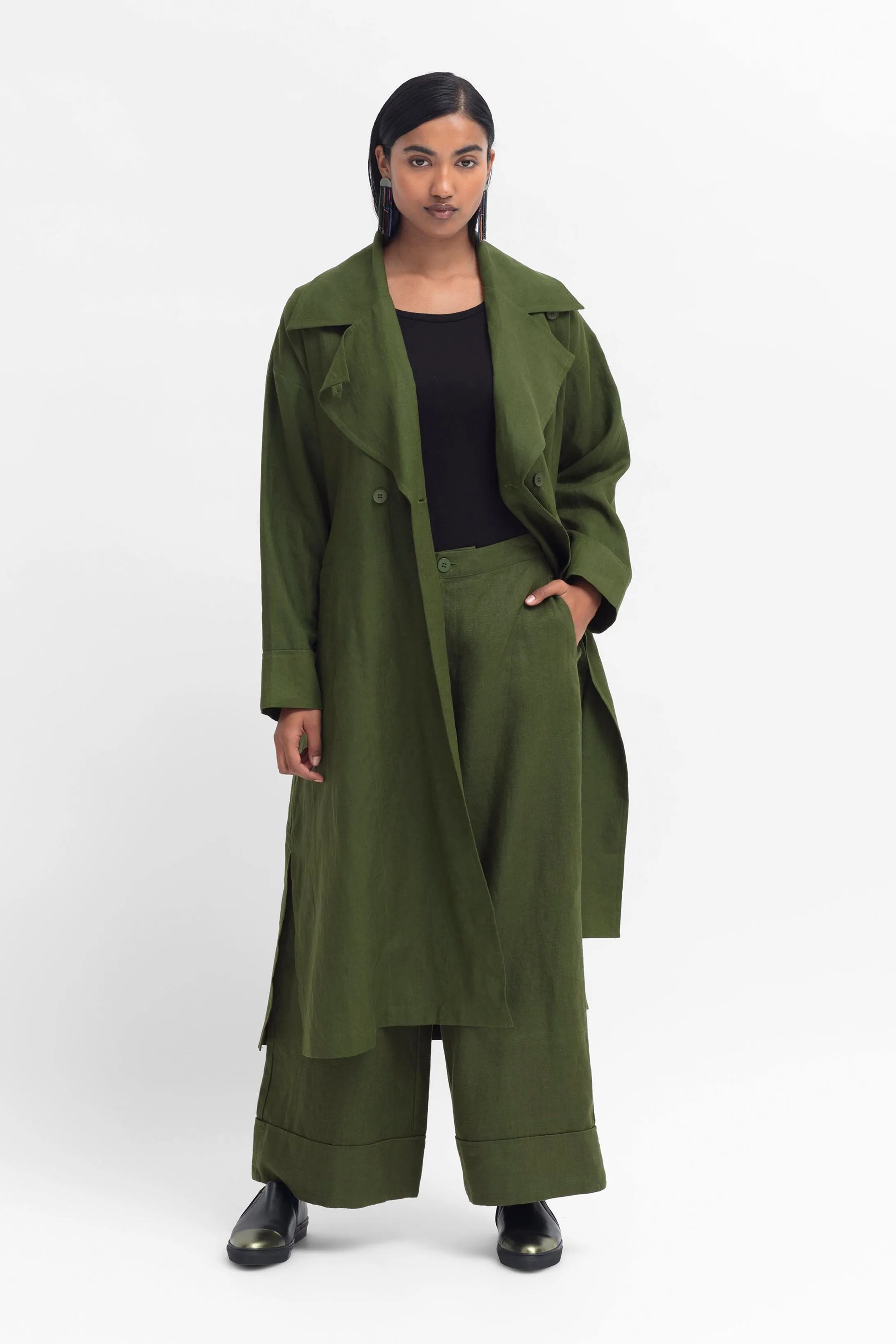 Anneli Linen Trench Coat - Olive