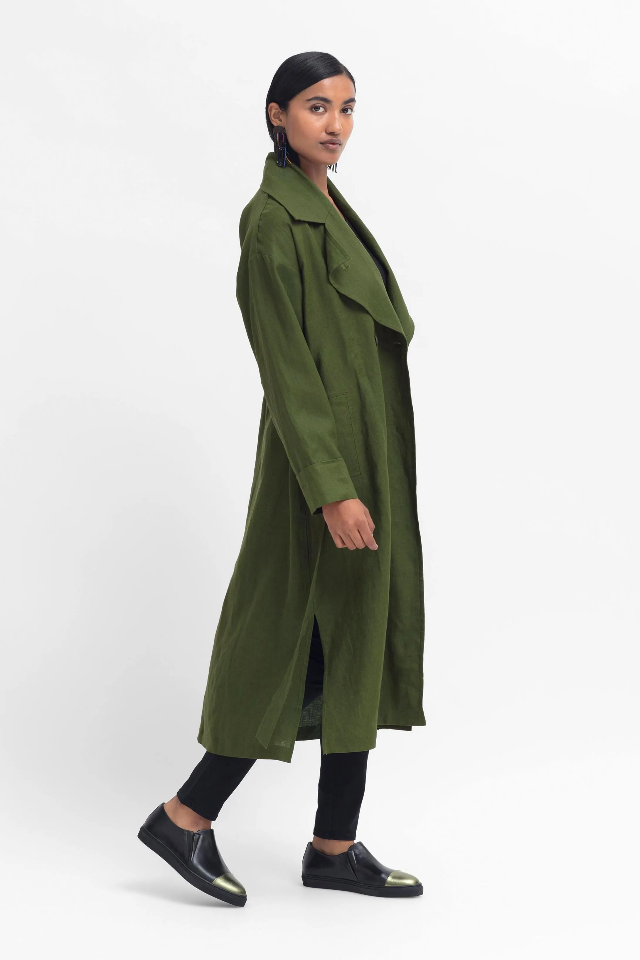 Anneli Linen Trench Coat - Olive