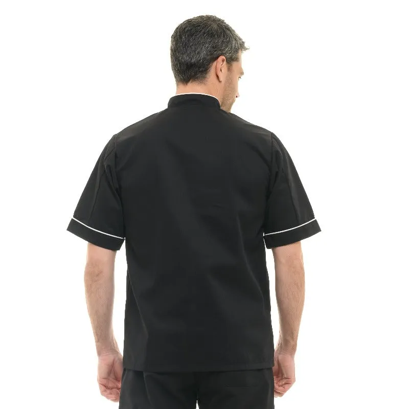 Black kitchen Coat with white Piping - Short Sleeve - MANELLI