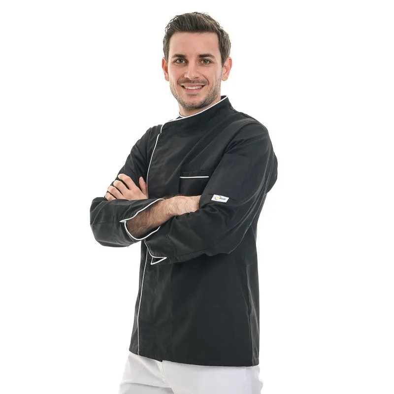 Black Long Sleeve Kitchen Coat with Long White Piping Harry  - MANELLI