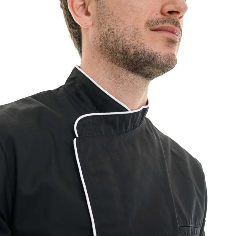 Black Long Sleeve Kitchen Coat with Long White Piping Harry  - MANELLI