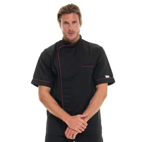 Black Short Sleeve Chef Coat with Long Burgundy Piping - MANELLI