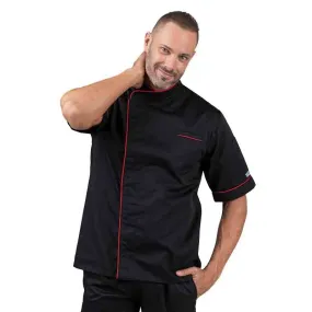 Black Short Sleeve Chef Coat with Long Red Piping - MANELLI