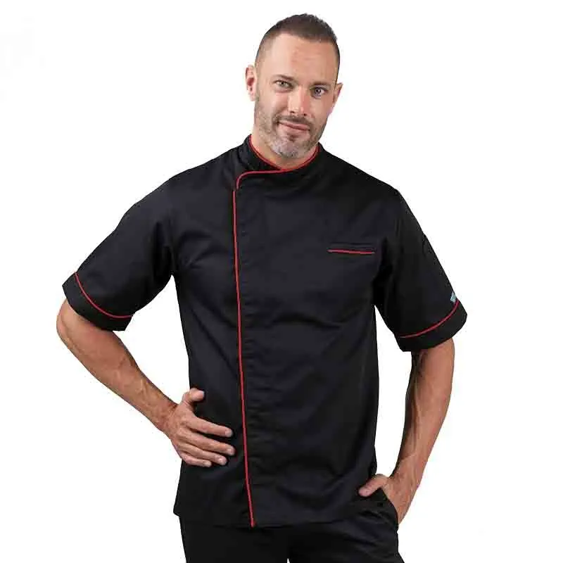 Black Short Sleeve Chef Coat with Long Red Piping - MANELLI