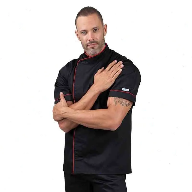 Black Short Sleeve Chef Coat with Long Red Piping - MANELLI