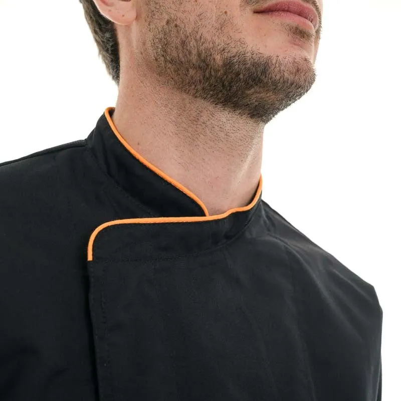 Black Short Sleeve or Long Sleeve Chef Coat with Long Orange Piping - MANELLI