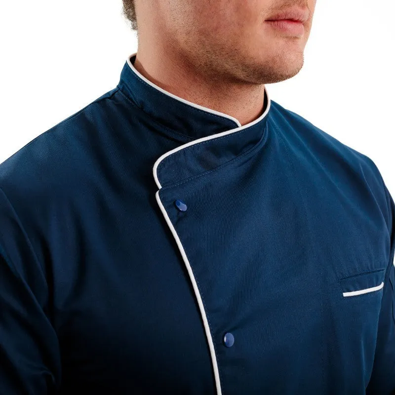 Blue Kitchen Coat with White Piping - MANELLI