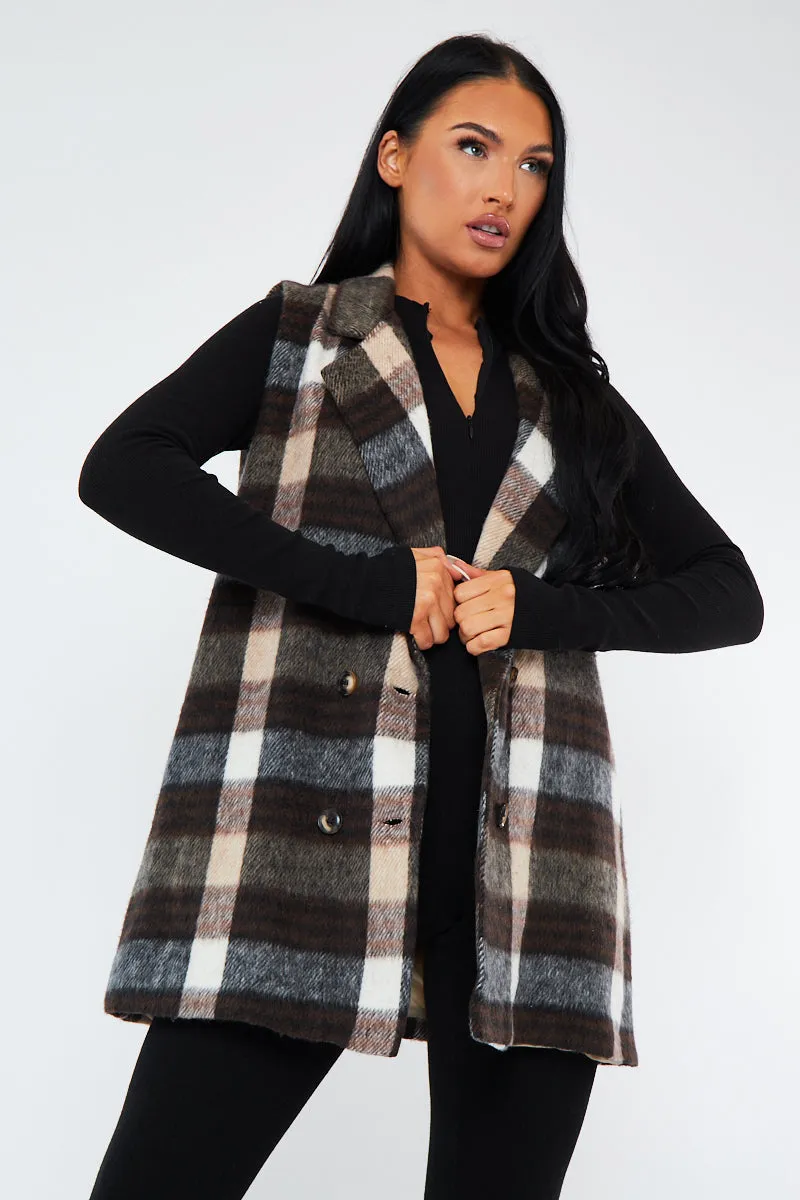 Brown Checked Double Breasted Sleeveless Jacket - Helmi