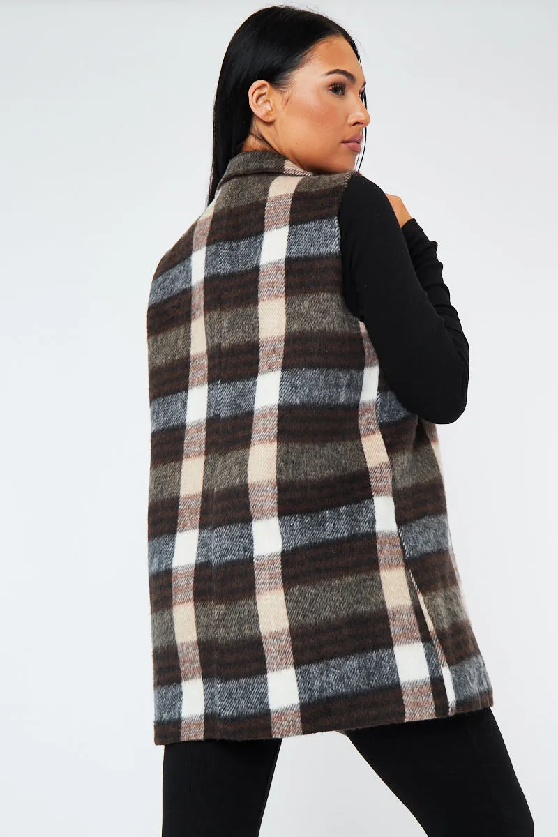 Brown Checked Double Breasted Sleeveless Jacket - Helmi