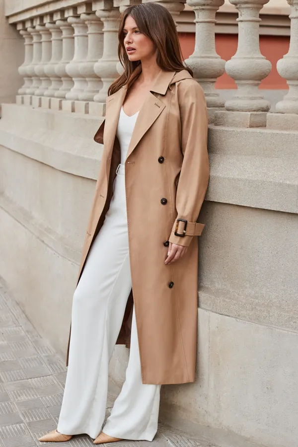 Camel Belted Longline Trench Coat With Hood