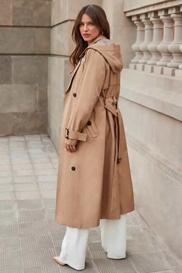 Camel Belted Longline Trench Coat With Hood