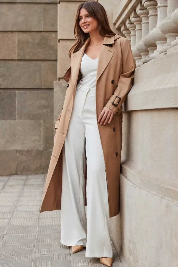 Camel Belted Longline Trench Coat With Hood