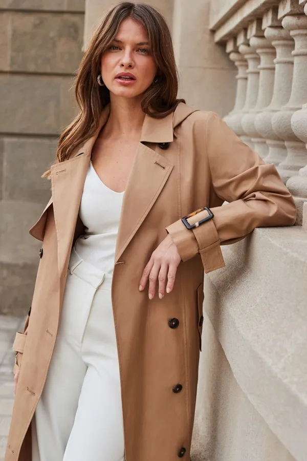 Camel Belted Longline Trench Coat With Hood