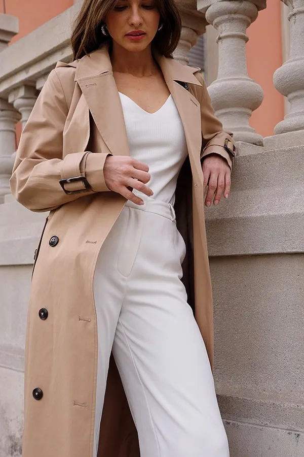 Camel Belted Longline Trench Coat With Hood