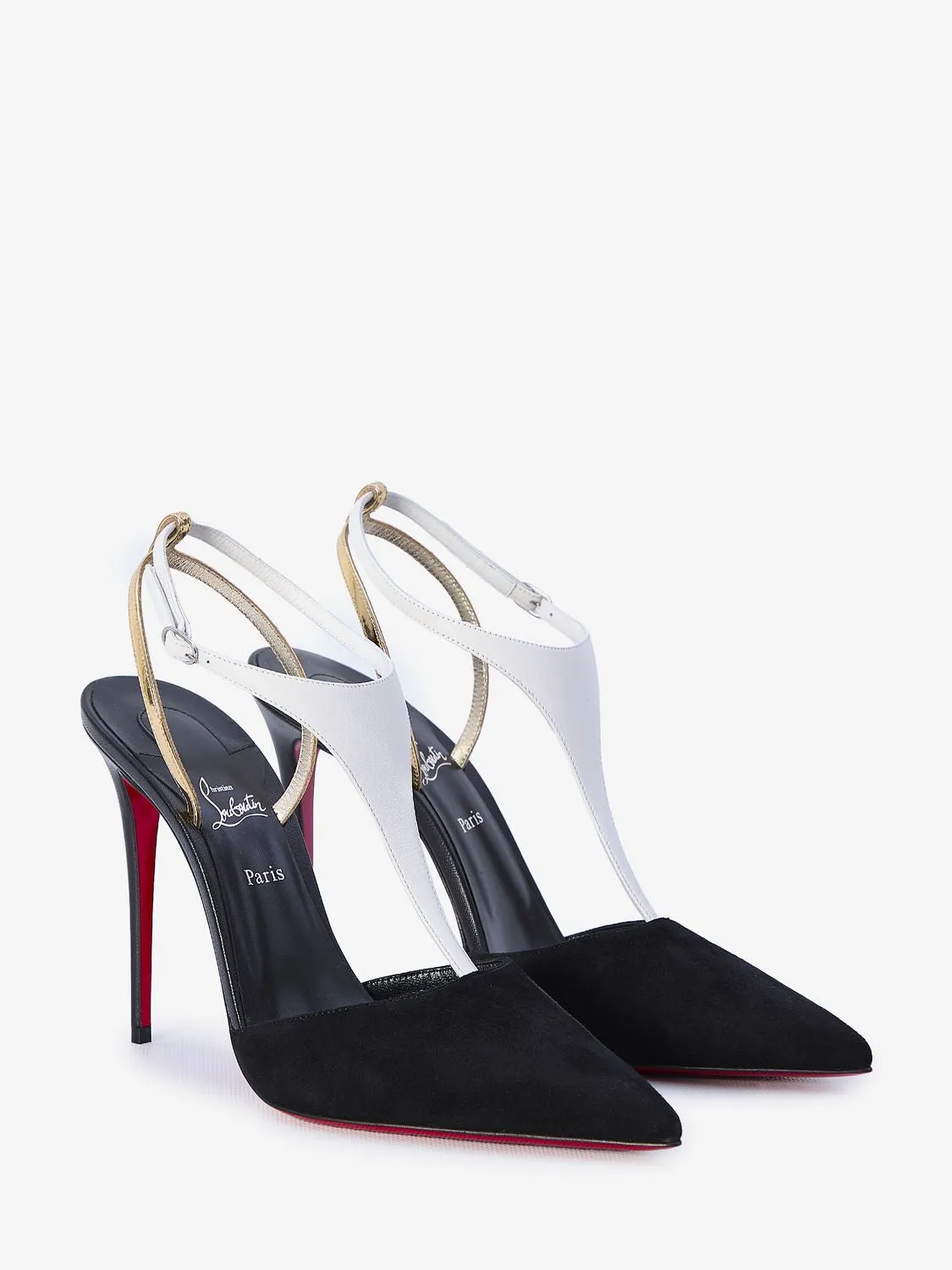 CHRISTIAN LOUBOUTIN Elegant Athina Black Suede Pumps with Strappy Gold and White Accents, 10cm Heel