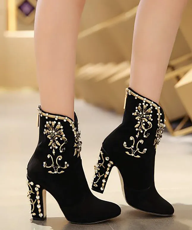 Classy Black Zircon Zippered Suede High Heel Boots