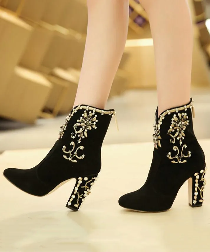 Classy Black Zircon Zippered Suede High Heel Boots