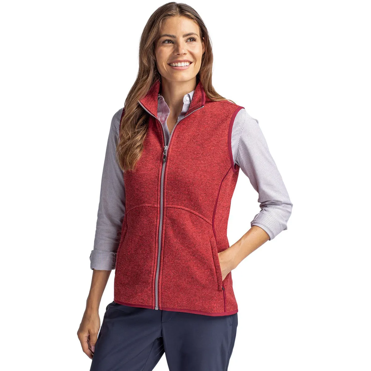 Cutter & Buck Women's Cardinal Red Heather Mainsail Sweater Knit Full Zip Vest