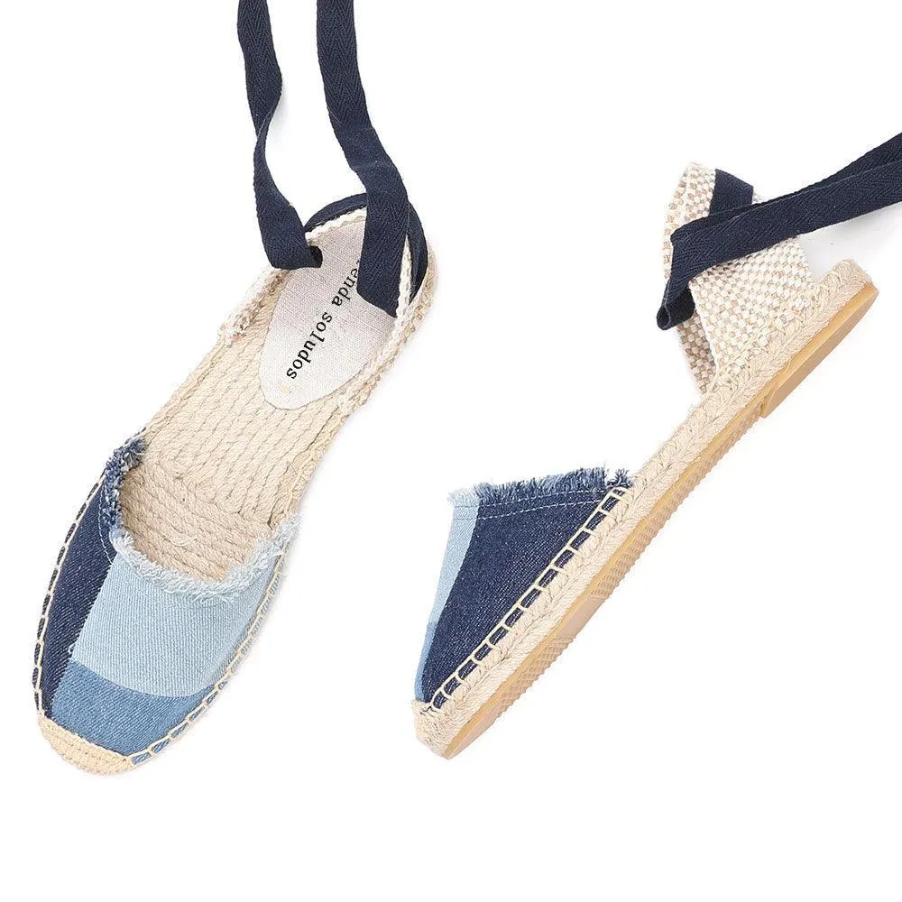 Denim T-Strap Espadrilles Flat Sandals