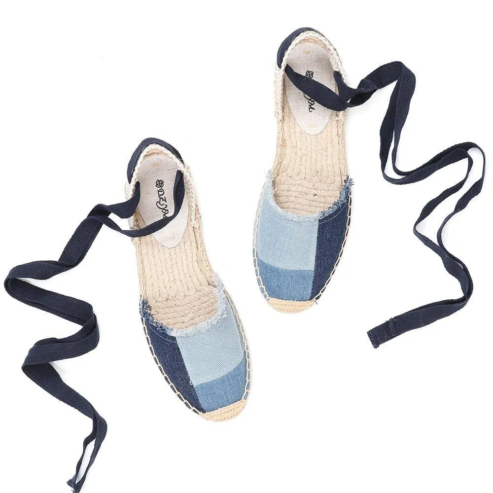 Denim T-Strap Espadrilles Flat Sandals