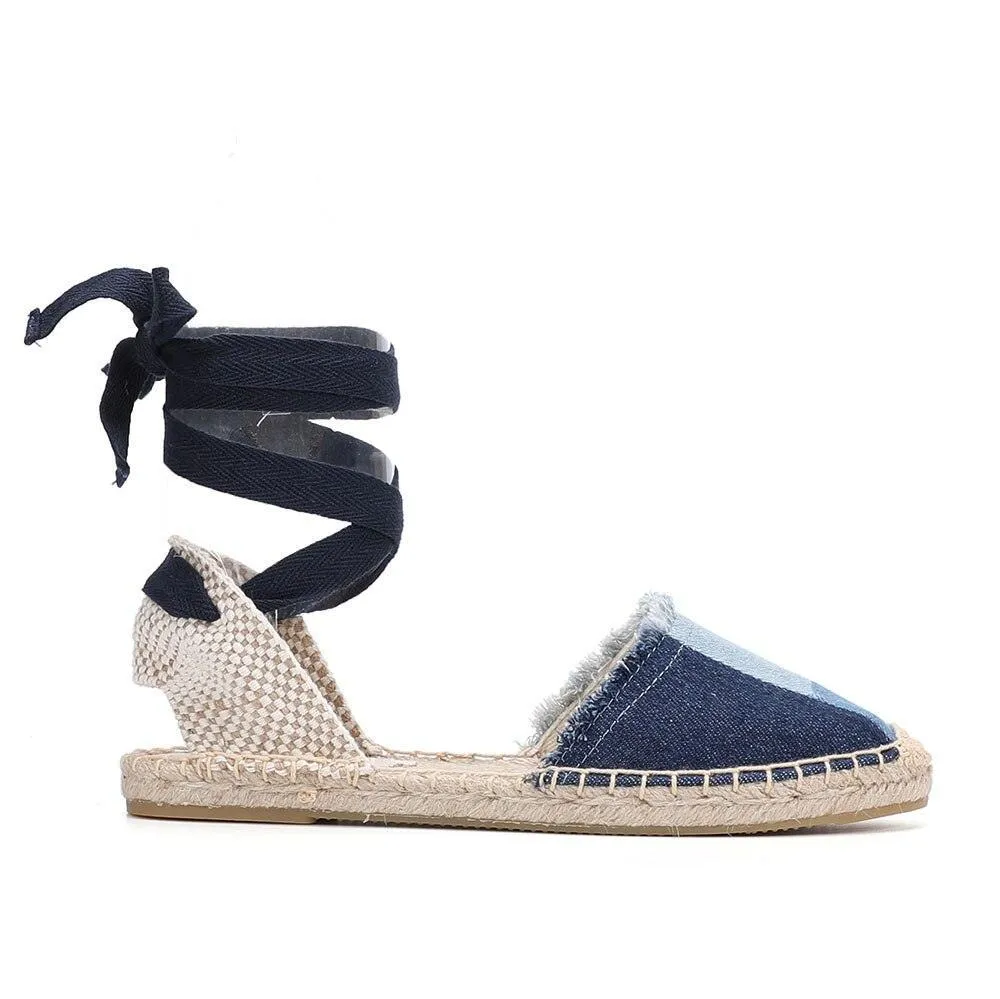 Denim T-Strap Espadrilles Flat Sandals