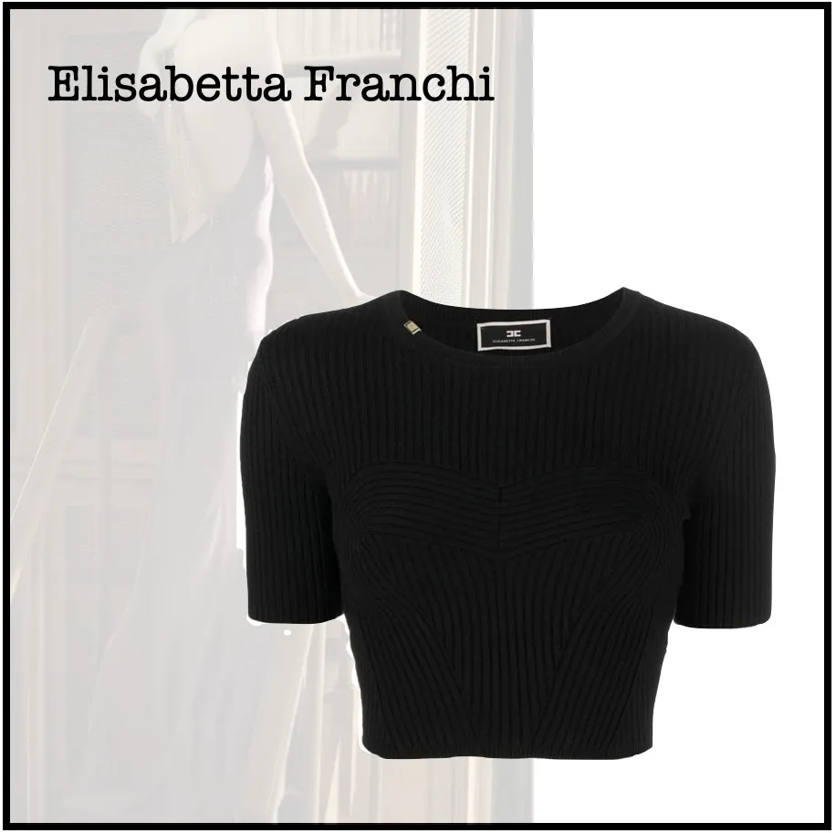 ELISABETTA FRANCHI  |Casual Style Rib U-Neck Plain Short Sleeves Elegant Style