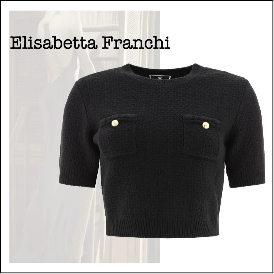 ELISABETTA FRANCHI  |Crew Neck Casual Style Wool Plain Short Sleeves Party Style