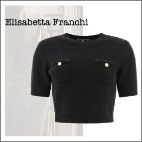 ELISABETTA FRANCHI  |Crew Neck Casual Style Wool Plain Short Sleeves Party Style