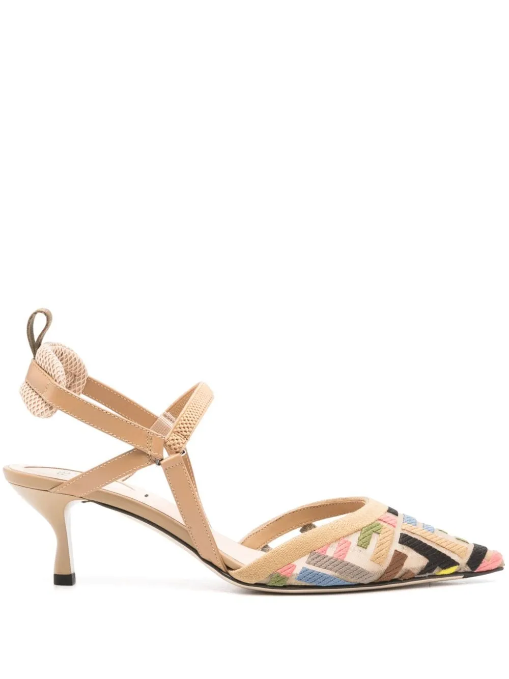 FENDI Chic Almond Beige Multicolored Mesh Slingback Pumps with Mid Heel