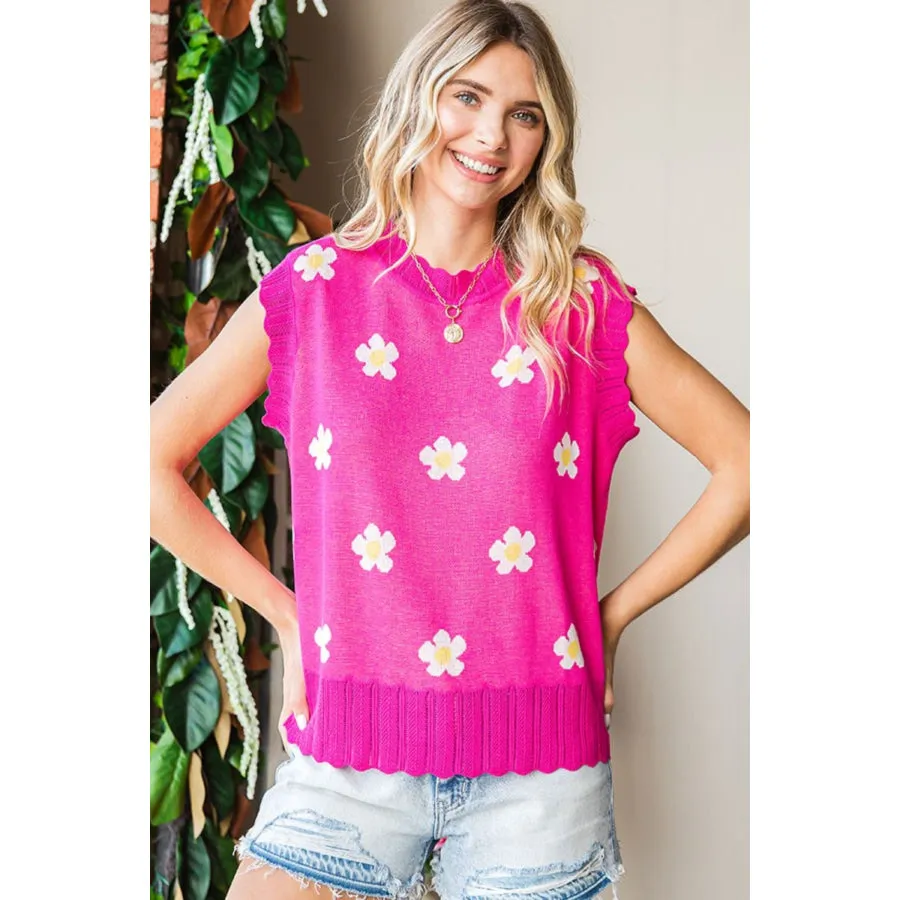 First Love Full Size Flower Pattern Round Neck Sweater Vest