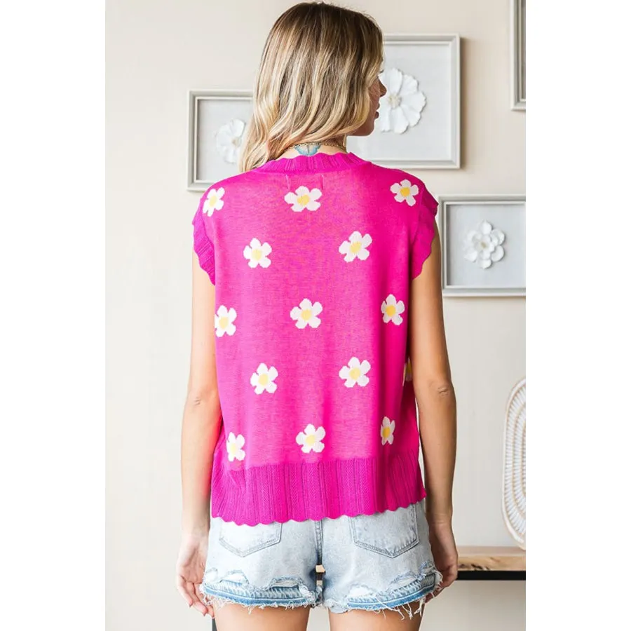 First Love Full Size Flower Pattern Round Neck Sweater Vest