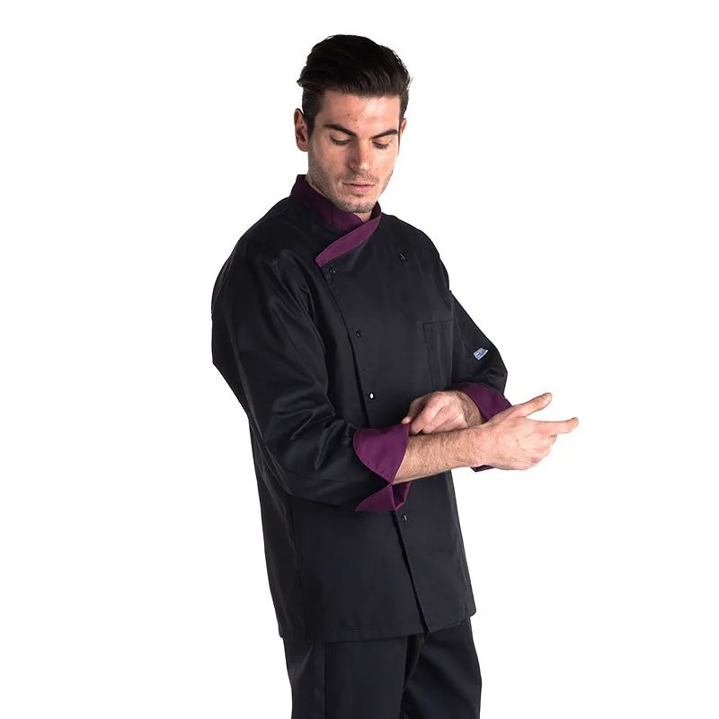 Fitted Long Sleeve Kitchen Coat with Aubergine Collar - MANELLI