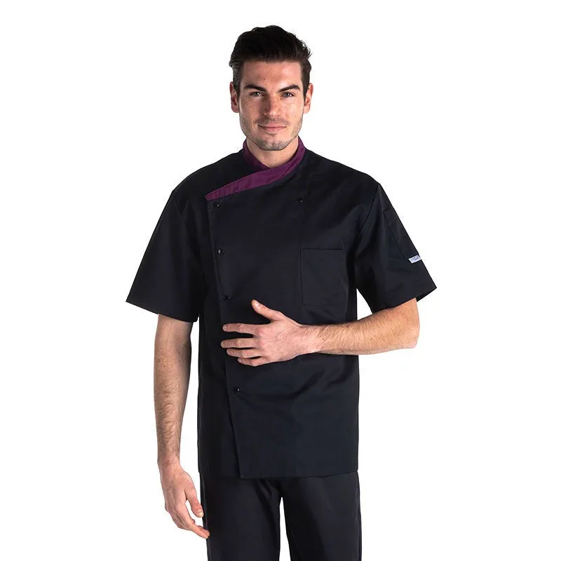 Fitted Short Sleeve Kitchen Coat with Aubergine Collar - MANELLI