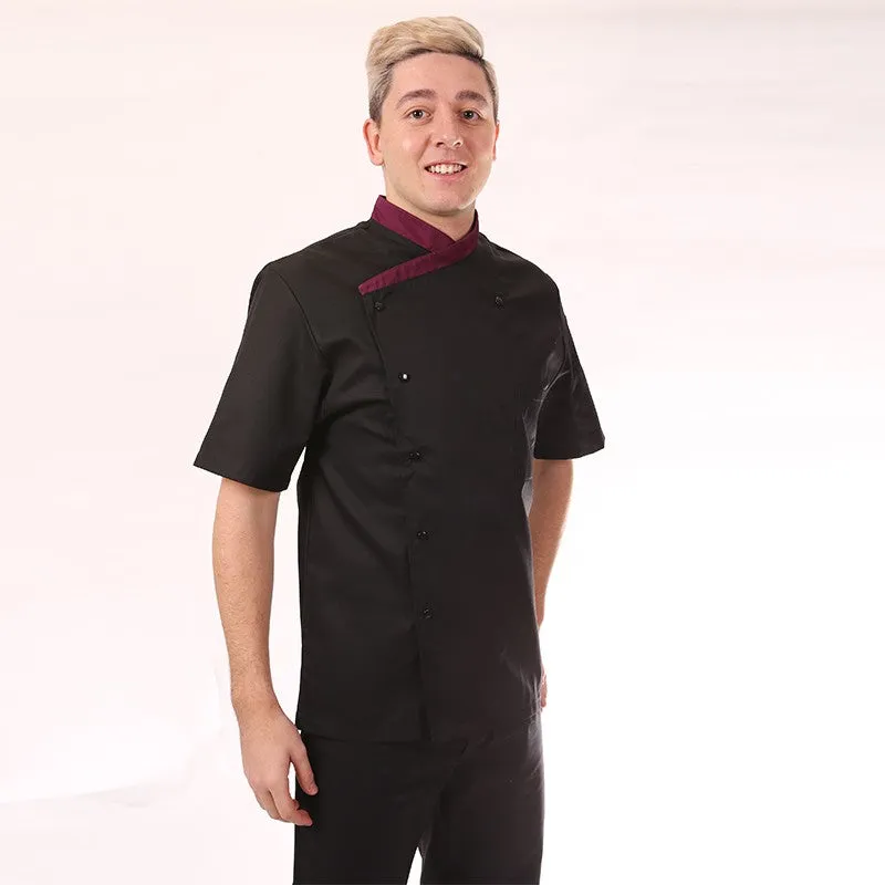 Fitted Short Sleeve Kitchen Coat with Aubergine Collar - MANELLI