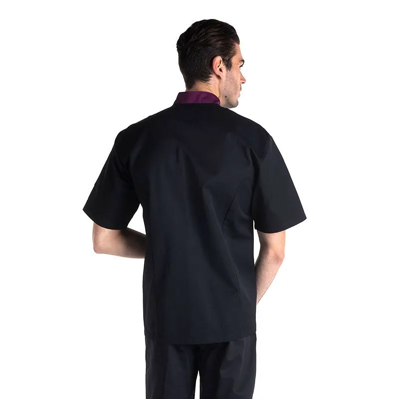 Fitted Short Sleeve Kitchen Coat with Aubergine Collar - MANELLI