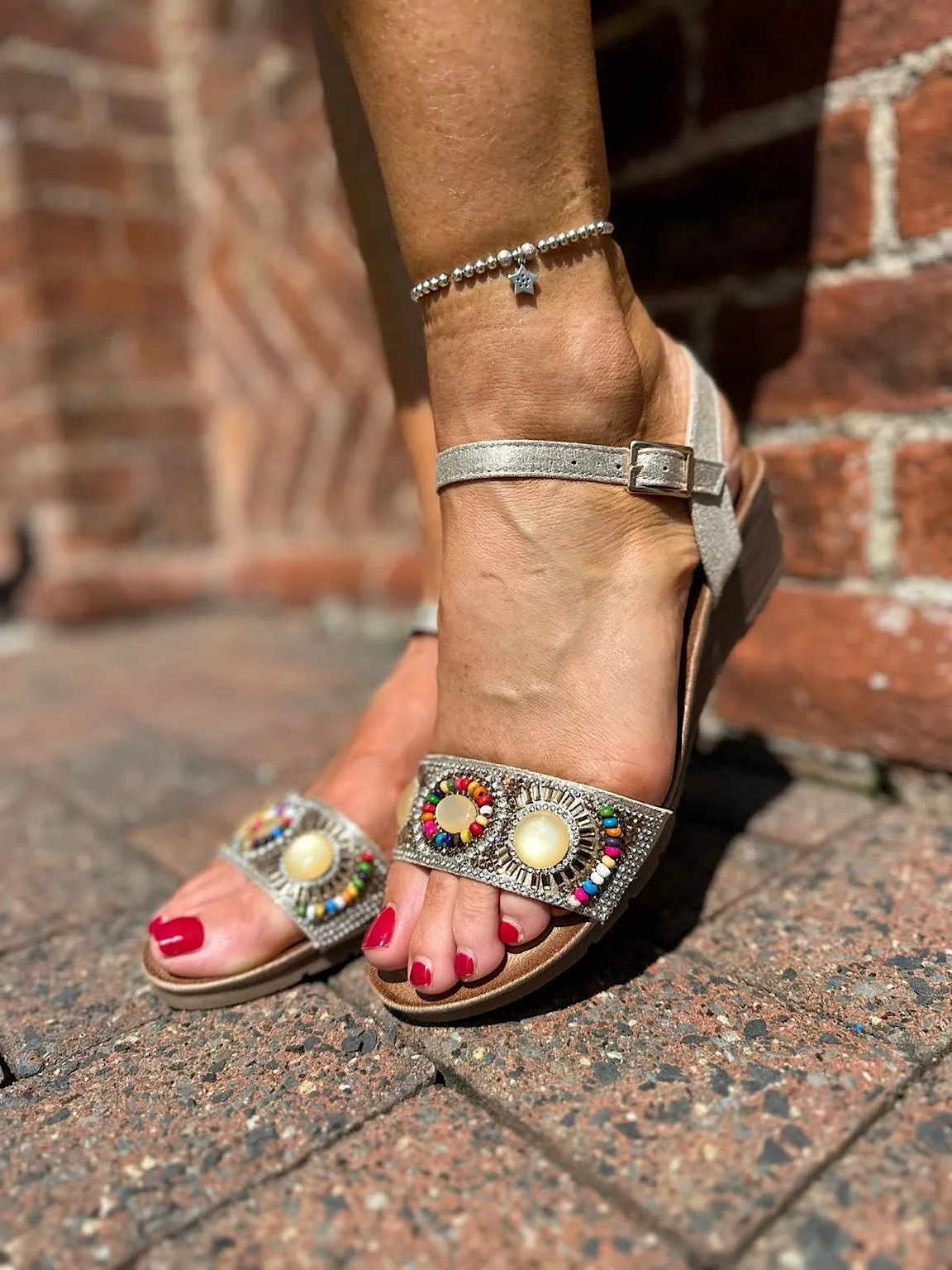 Gold Bead Embellished Wedge Sandals