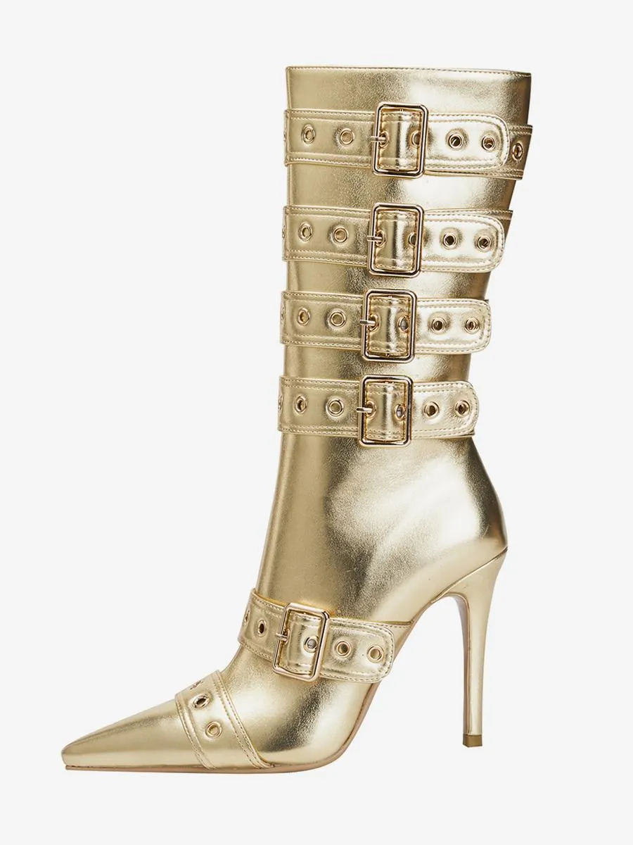 Gold Knee High Boots Pointed Toe Buckle Detail Mid Calf Boots