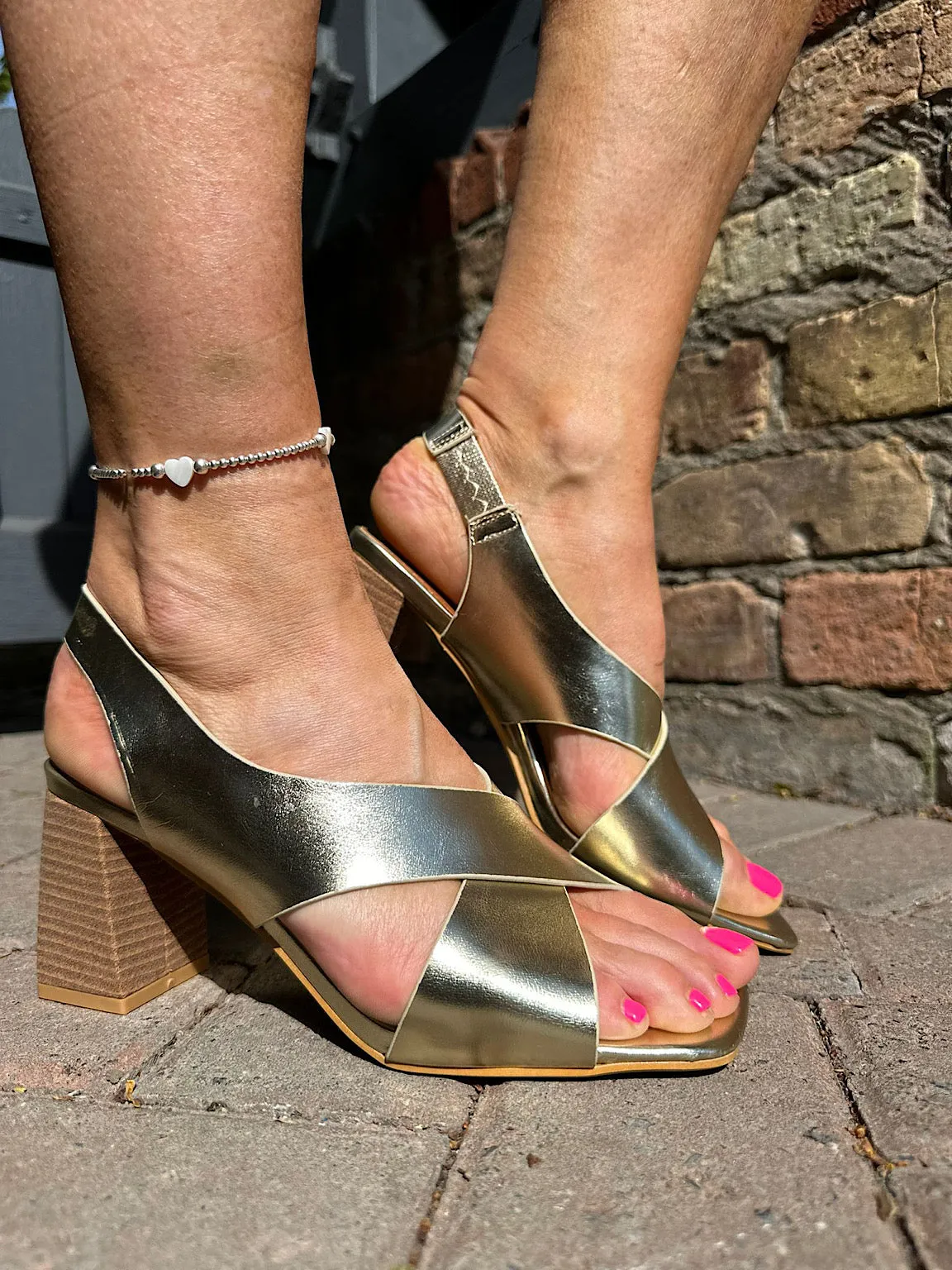 Gold Metallic Cross Over Block Heels