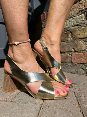 Gold Metallic Cross Over Block Heels