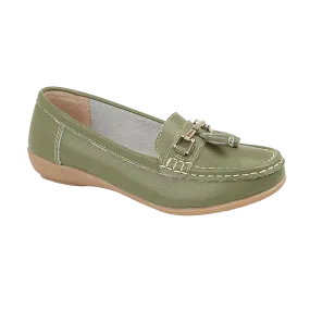 Ladies Leather Slip on Mistletoe Green Shoes Nautical Flat Jo & Joe